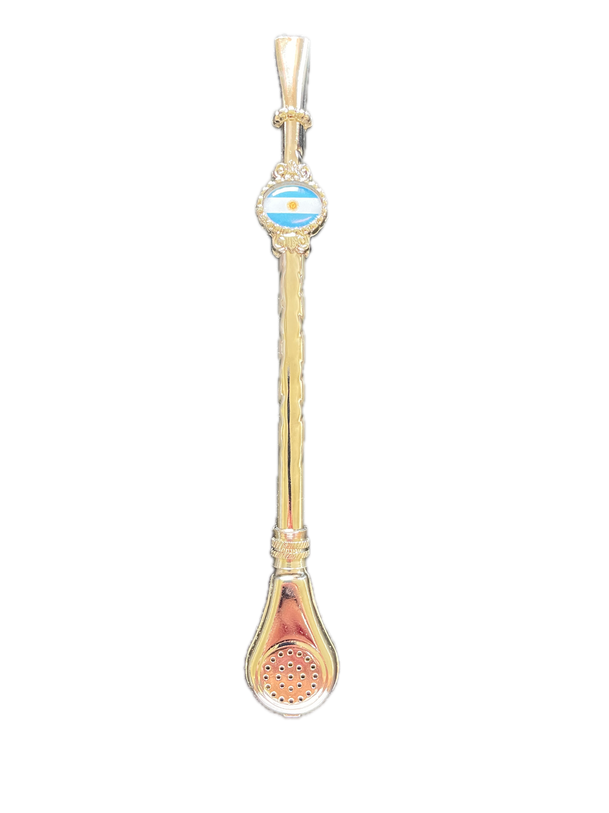 Elegante bombilla de acero inoxidable con lazo azul.