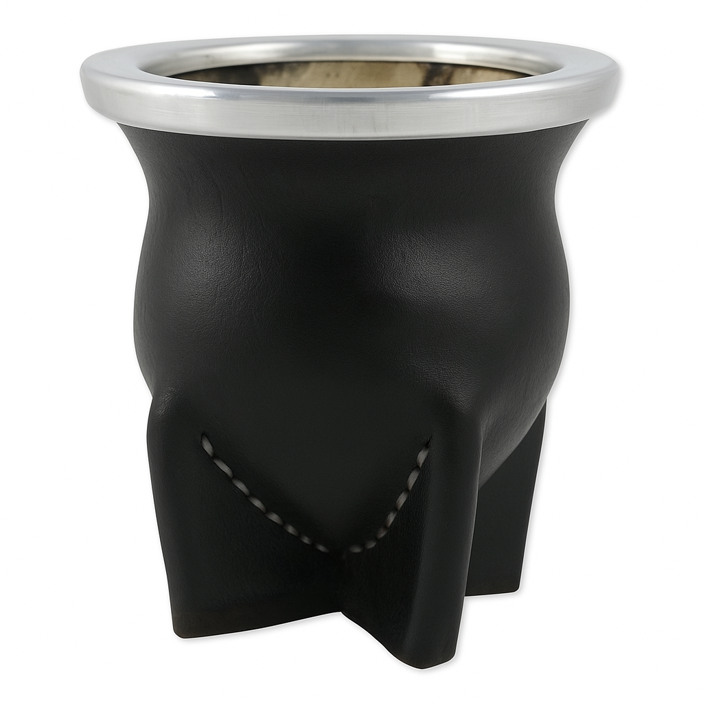 Mate de cristal con borde de metal y cuero negro